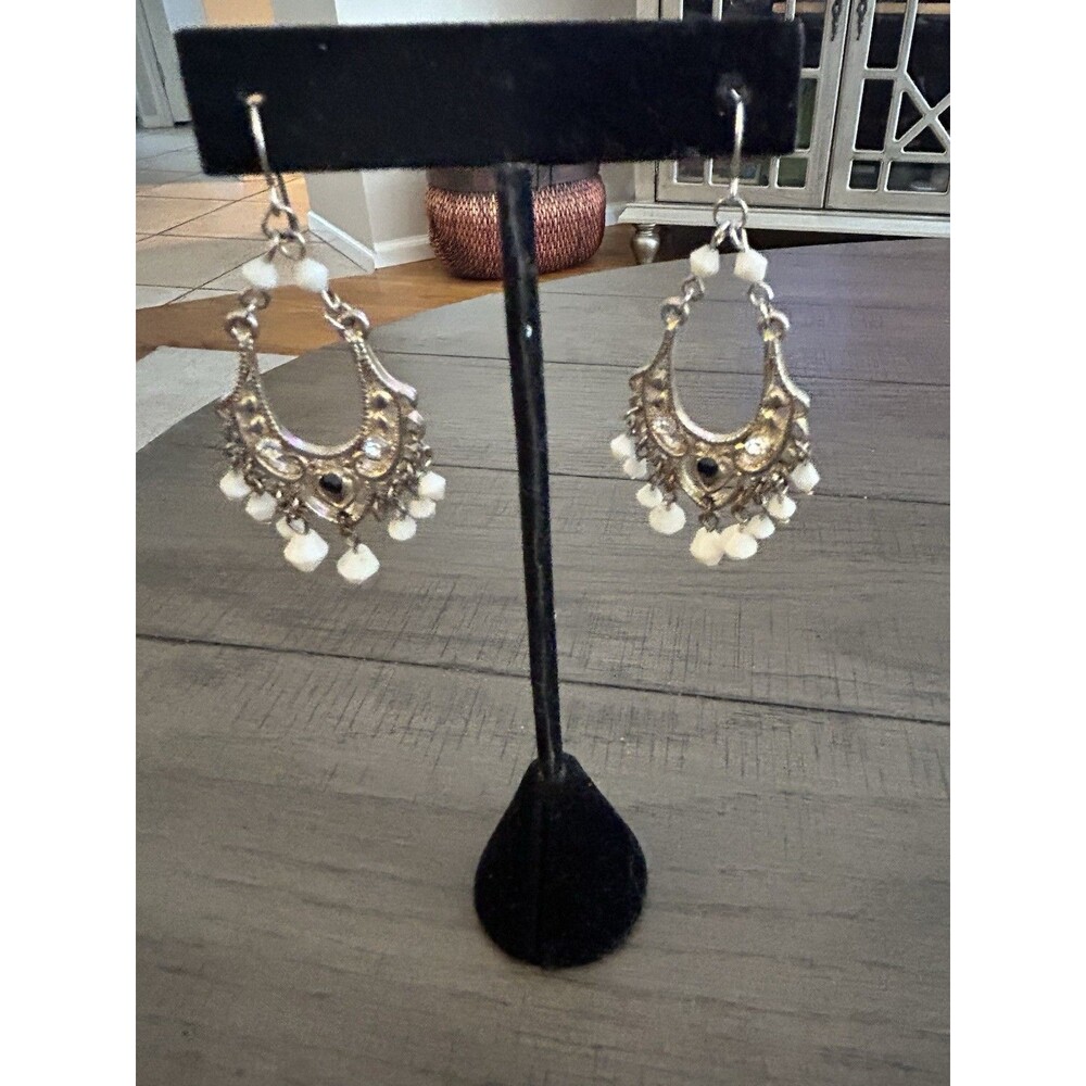 Vintage White Chandelier Earrings On Silver Tone Metal 1 .5 Inches Long